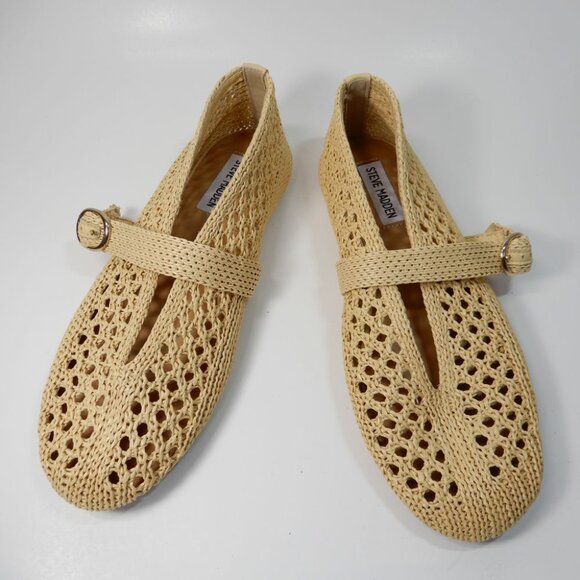 STEVE MADDEN Alara Buckled Ballet Mary Jane Flats Size 8 Natural Raffia NEW - Picture 9 of 12